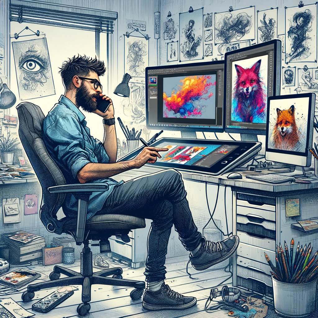 Digital artist sitting on chair and talking on the phone